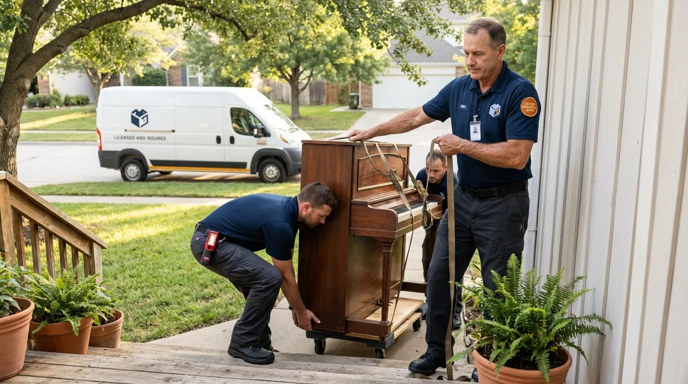 Licensed piano movers securing grand piano in New Philadelphia, PA