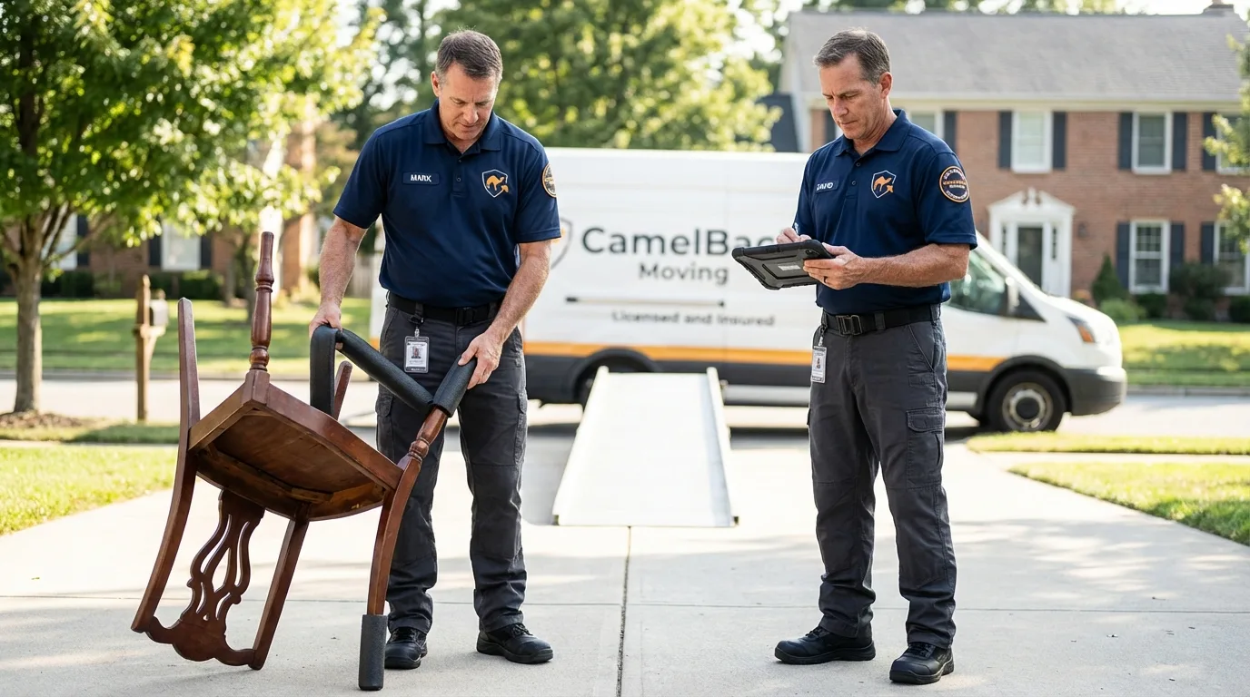 Movers inspecting furniture for damage prevention before loading in New Philadelphia, PA
