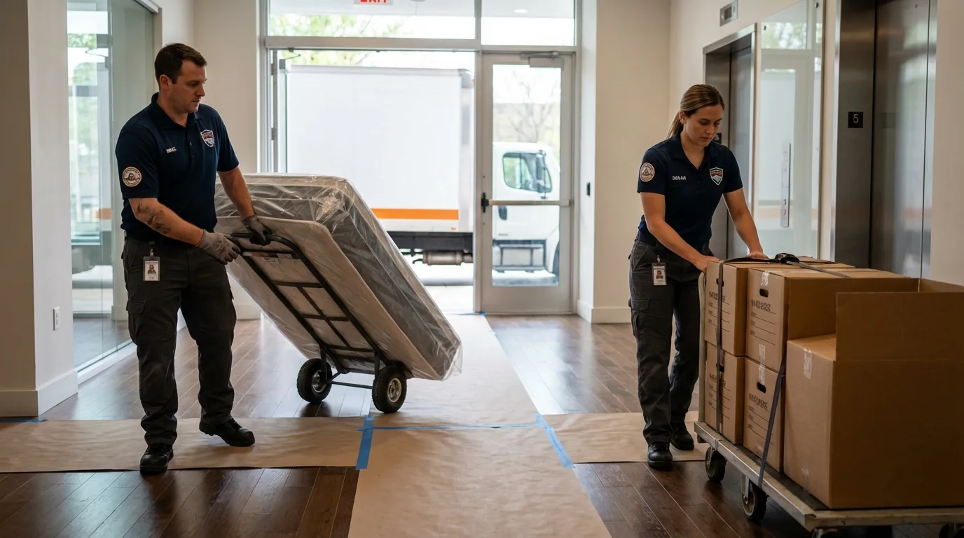 Professional apartment movers loading elevator in New Philadelphia, PA