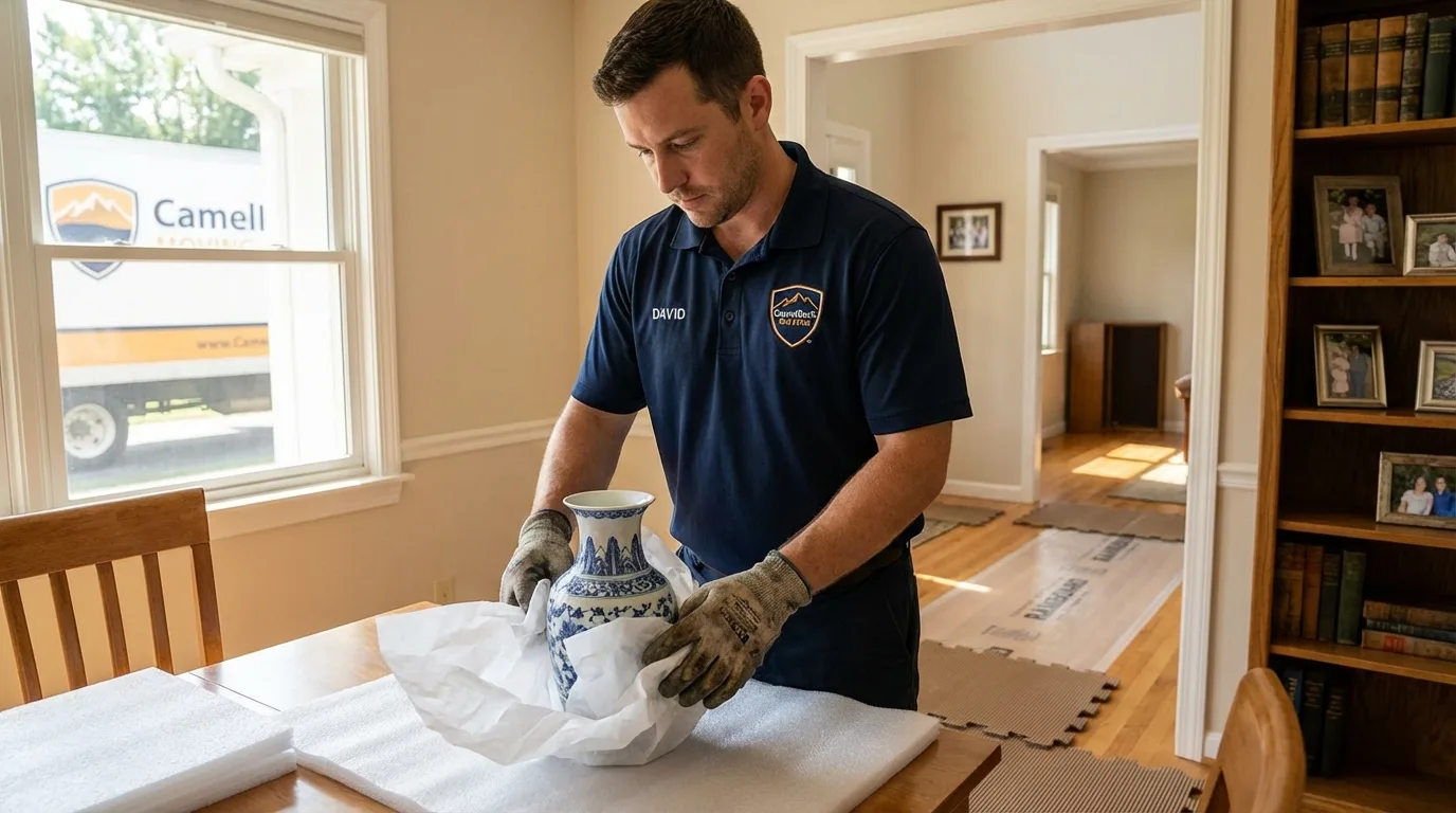Professional crew carefully wrapping antique vase for senior downsizing move in New Philadelphia, PA